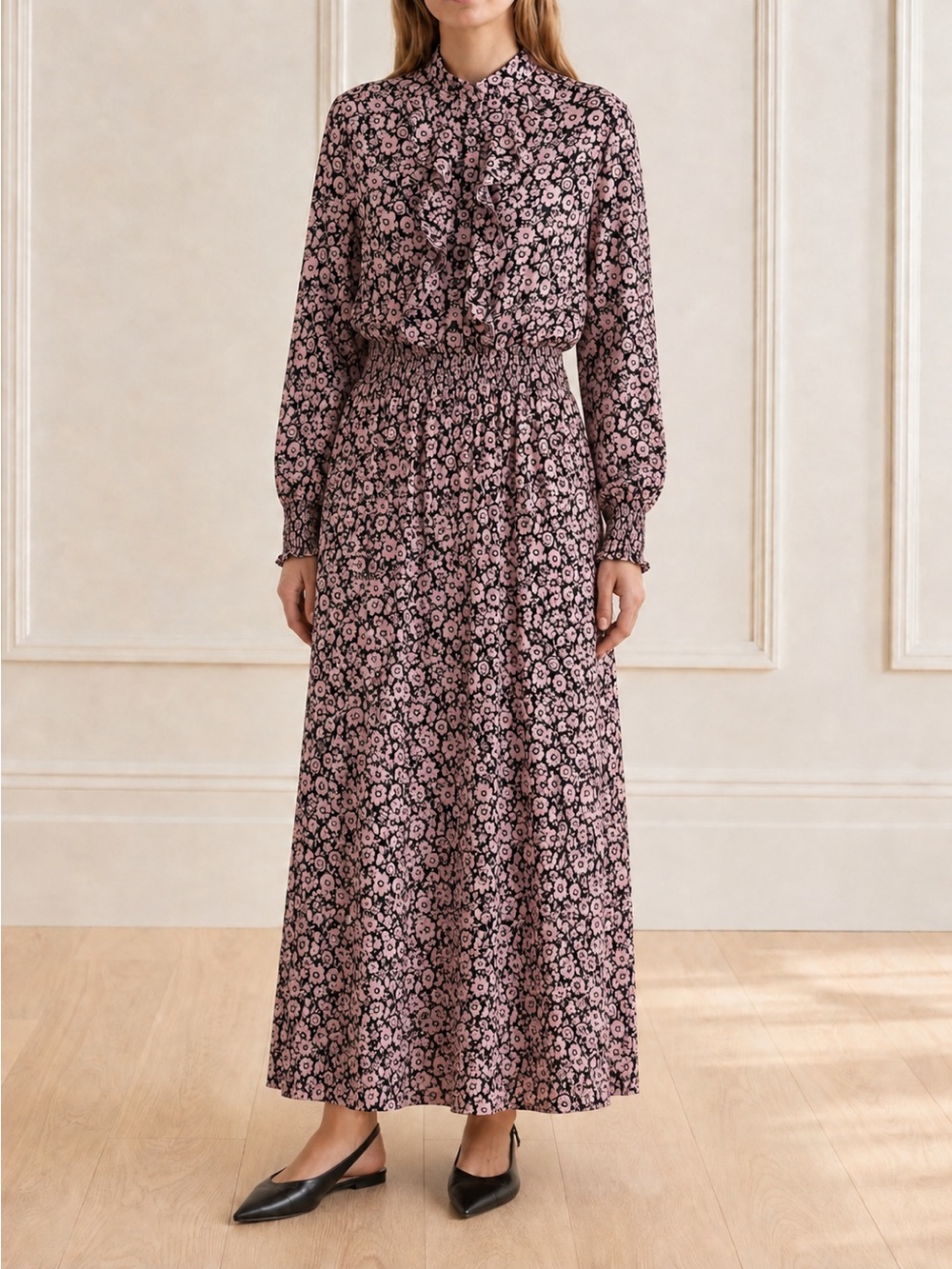 Boden Maxi Dress Size 10 Black Pink Floral Ruffle Neck Smocked Waist Long Sleeve